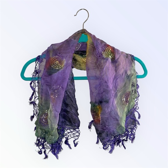 Jacaranda Accessories - Jacaranda Purple Green and Yellow Tie Dye Sheer Scarf with Gold Accents